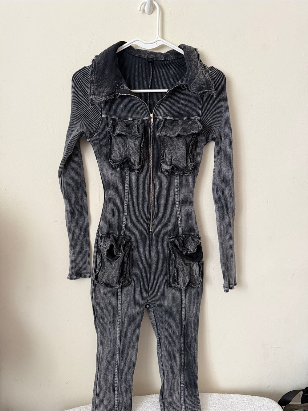 Women's Black Washed Corduroy Jumpsuit with Front Pockets